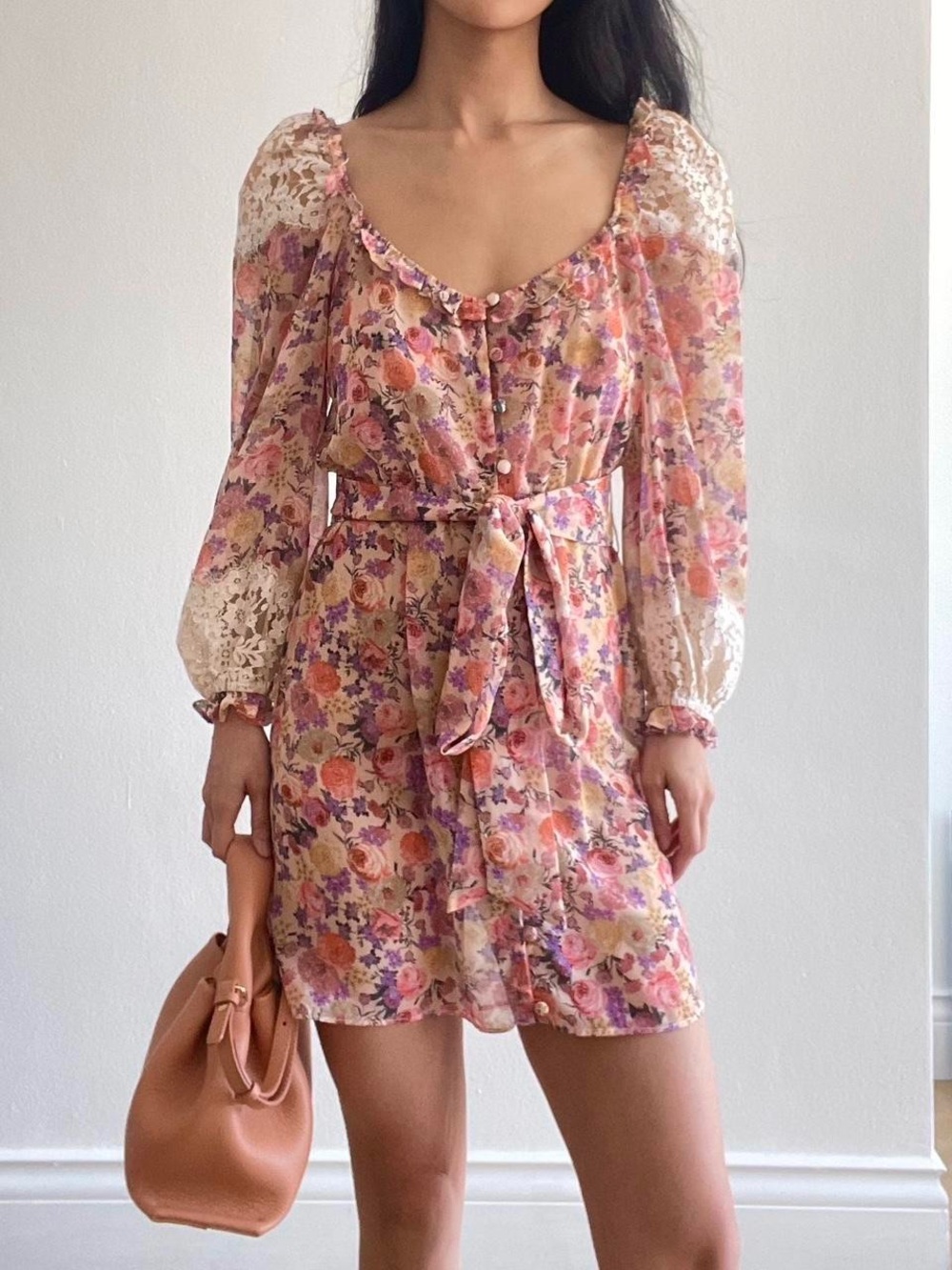 For Love & Lemons Pastel Floral Chiffon Dress in Peach, Pink & Lavender - Picture 3 of 7